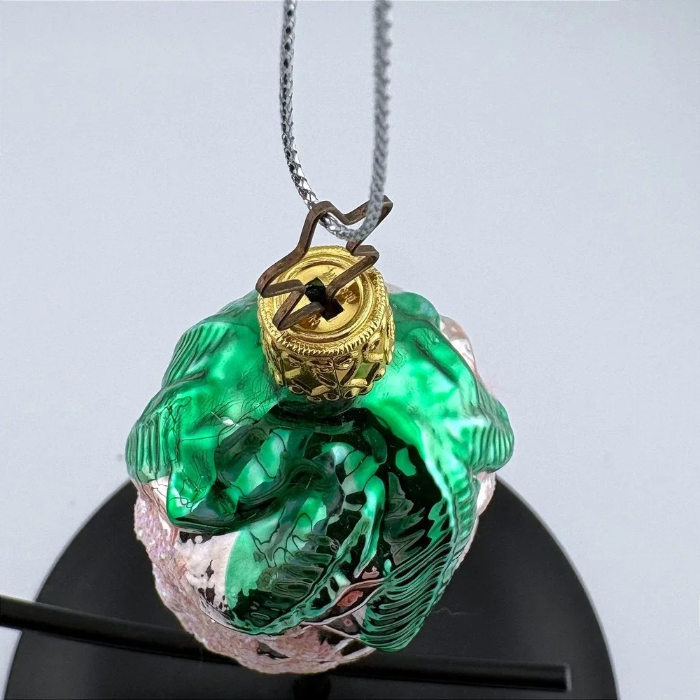 Pink Glass Pinecone Christmas Ornament Green Leaves Glitter Star Hanger Kitsch